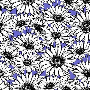 Seamless pattern of large black and white flowers on a blue background, tex.. Stock Illustration