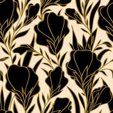 Seamless pattern of large black flower buds with a golden outline Stock Illustration