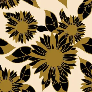 Seamless pattern of large black flower buds with a golden outline Stock Illustration