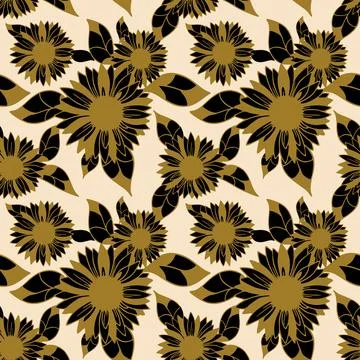 Seamless pattern of large black flower buds with a golden outline on a beig.. Stock Illustration