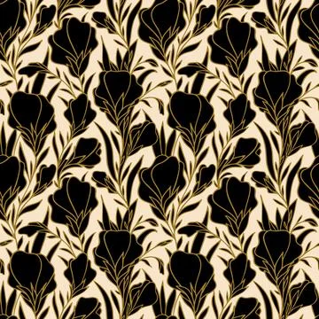 Seamless pattern of large black flower buds with a golden outline on a beig.. Stock Illustration