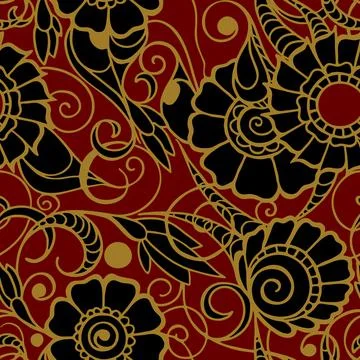 Seamless pattern of large black flowers with a golden outline on a red Stock Illustration