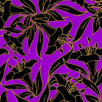 Seamless pattern of large black flowers with a golden outline on a purple Stock Illustration