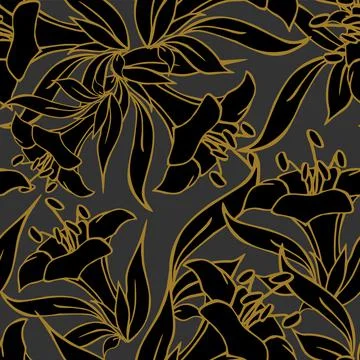 Seamless pattern of large black flowers with a golden outline Stock Illustration