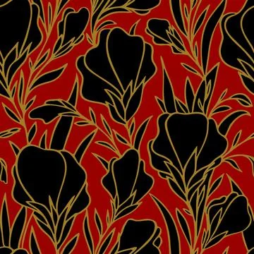 Seamless pattern of large black flowers with a golden outline on a red Stock Illustration