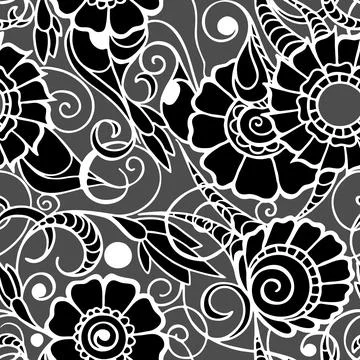 Seamless pattern of large black flowers with a white outline Stock Illustration