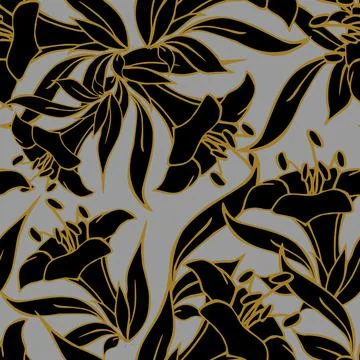 Seamless pattern of large black flowers with a golden outline on a light gray Stock Illustration