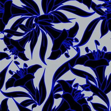 Seamless pattern of large black flowers with a blue outline Stock Illustration
