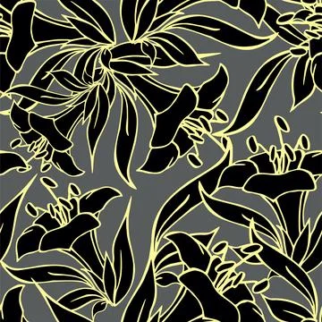 Seamless pattern of large black flowers with a yellow outline on a gray Stock Illustration
