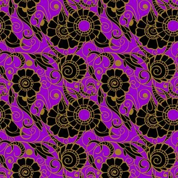Seamless pattern of large black flowers with a golden outline on a purple Illustrazione stock