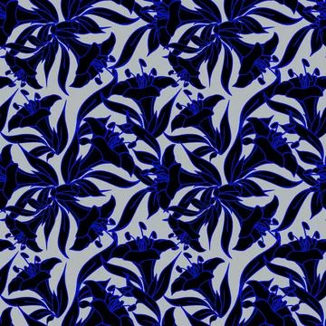 Seamless pattern of large black flowers with a blue outline on a light blue.. Stock Illustration
