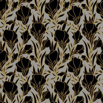 Seamless pattern of large black flowers with a golden outline on a light gr.. Stock Illustration
