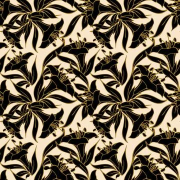 Seamless pattern of large black flowers with a golden outline on a beige ba.. Stock Illustration