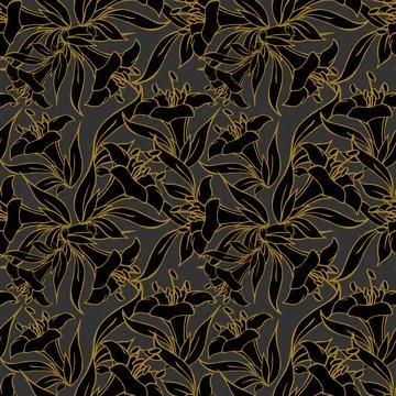 Seamless pattern of large black flowers with a golden outline on a dark gra.. Stock Illustration