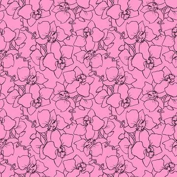 Seamless pattern of large black silhouettes of orchids on a pink background.. Stock Illustration