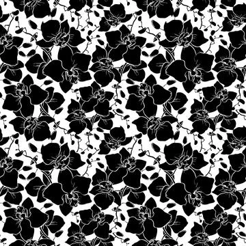 Seamless pattern of large black silhouettes of orchids on a white backgroun.. Illustrazione stock