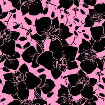 Seamless pattern of large black silhouettes of orchids on a pink background.. Stock Illustration
