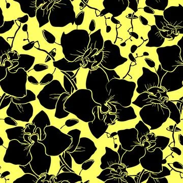 Seamless pattern of large black silhouettes of orchids on a yellow backgrou.. Stock Illustration