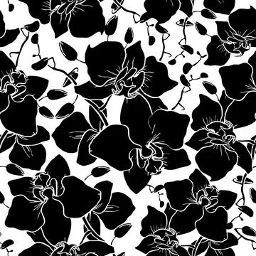 Seamless pattern of large black silhouettes of orchids on a white backgroun.. Stock Illustration