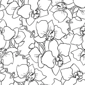 Seamless pattern of large black silhouettes of orchids on a white backgroun.. Stock Illustration