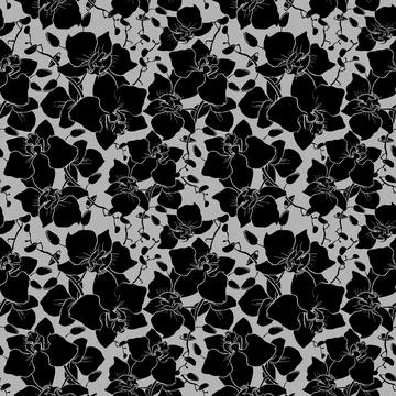 Seamless pattern of large black silhouettes of orchids on a gray background.. Stock Illustration