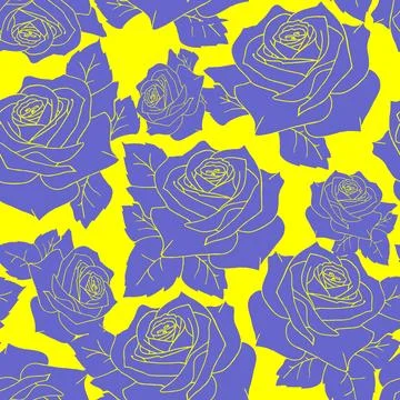 Seamless pattern of large blue rose flowers on a yellow background, texture.. Illustrazione stock