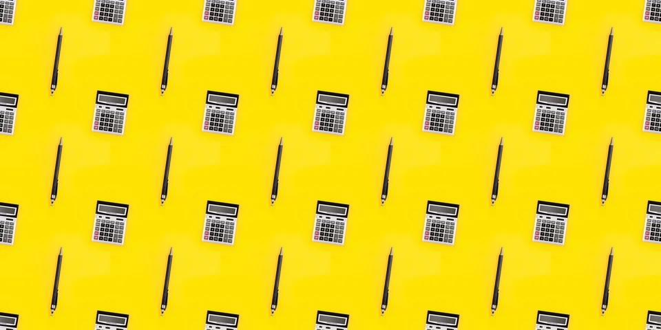 Seamless pattern with a large calculator and pen on yellow background. Financial Stock Photos