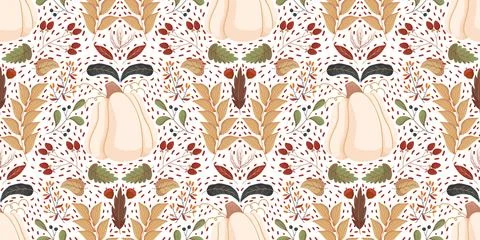 Seamless pattern large cream colored gourds surrounded by an autumnal eleme.. Stock Illustration