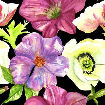 Seamless pattern large flowers pink petunias rosehip anemones watercolor Stock Illustration