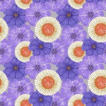 Seamless pattern. Large geometric flowers with a retro texture. Lilac Petunia Stock Illustration
