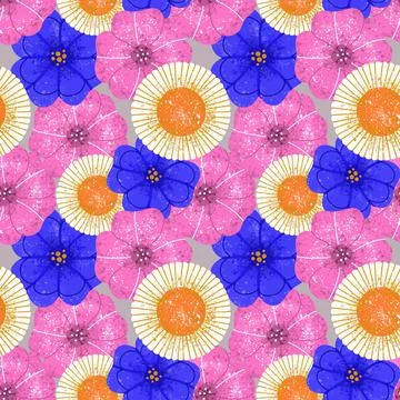 Seamless pattern. Large geometric flowers with a retro texture. Pink and blue Stock Illustration
