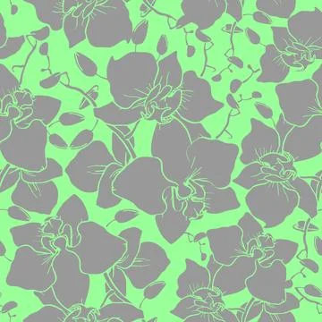 Seamless pattern of large gray silhouettes of orchids on a green background Stock Illustration