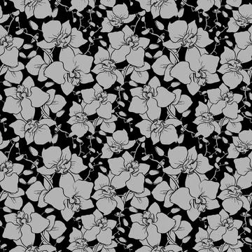 Seamless pattern of large gray silhouettes of orchids on a black background.. Stock Illustration