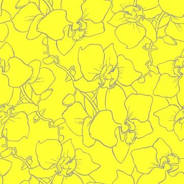 Seamless pattern of large gray silhouettes of orchids on a yellow backgroun.. Stock Illustration