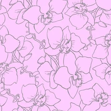Seamless pattern of large gray silhouettes of orchids on a pink background,.. Stock Illustration