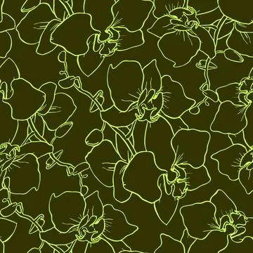 Seamless pattern of large green silhouettes of orchids on an olive Stock Illustration