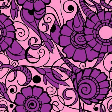 Seamless pattern of large magenta flowers with a black outline on a pink Stock Illustration
