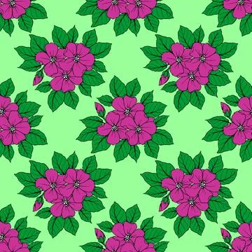 Seamless pattern of large magenta flowers on a green background, texture, d.. Stock Illustration