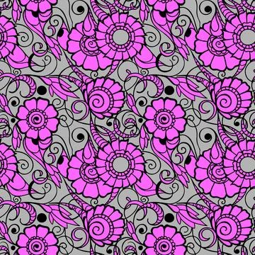 Seamless pattern of large pink flowers with a black outline on a gray backg.. Stock Illustration