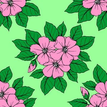 Seamless pattern of large pink flowers on a green background, texture, design Stock Illustration