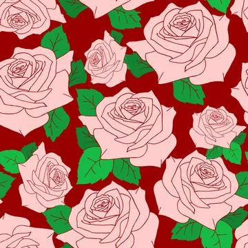 Seamless pattern of large pink rose flowers with leaves on a red background Stock Illustration