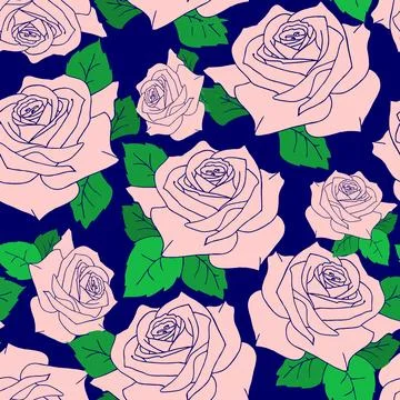 Seamless pattern of large pink rose flowers with leaves on a blue backgroun.. Stock Illustration