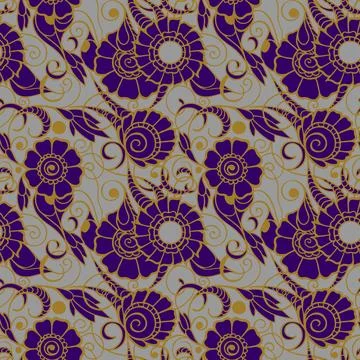 Seamless pattern of large purple flowers with a golden outline on a blue Stock Illustration