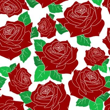 Seamless pattern of large red rose flowers with leaves on a white backgroun.. イラスト素材