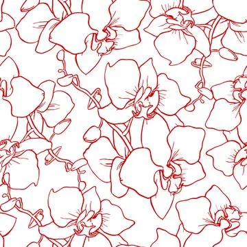 Seamless pattern of large red silhouettes of orchids on a white background Stock Illustration