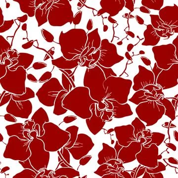Seamless pattern of large red silhouettes of orchids on a white background,.. Stock Illustration