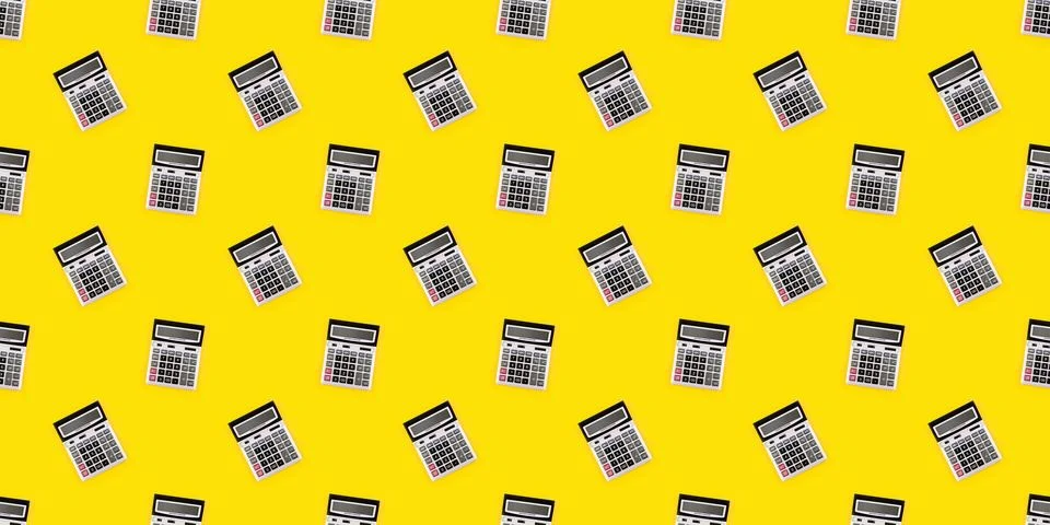 Seamless pattern with a large silver calculators on yellow background. Financ Stock Photos