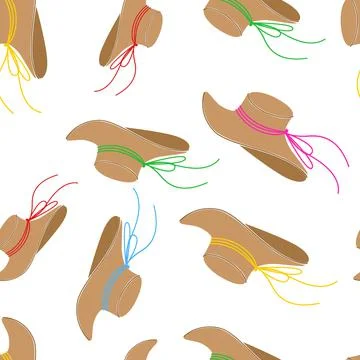 Seamless pattern of a large straw sun hat with a multi-colored ribbon. Stock Illustration