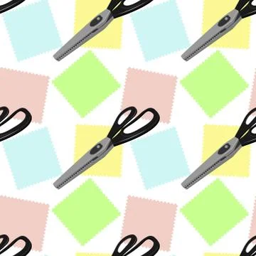 Seamless pattern. Large tailor's scissors for sewing with zigzag blades and b Stock Illustration