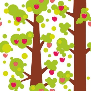 Seamless pattern - large trees with red apples and green leaves on white Stock Illustration